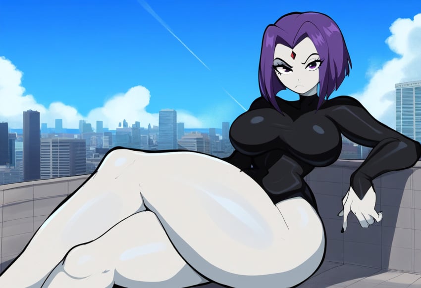 1girls 2024 2d 2d_(artwork) ai_generated big_thighs black_leotard breedable cartoon_network city_background city_view cityscape crossed_legs crossing_legs curvaceous_thighs curvy curvy_hips curvy_thighs day dc dc_comics demon demon_girl demoness female female_only frown frowning_at_viewer fuckable gem_on_forehead grey_body grey_skinned_female large_breasts leotard looking_at_viewer mullon novelai on_roof pale-skinned_female pale_body pale_female pale_skin purple_hair purple_hair_female rachel_roth raven_(dc) red_gem red_gemstone sexy_female short_purple_hair sitting sitting_down solo solo_female superheroine teen_titans thick_thighs