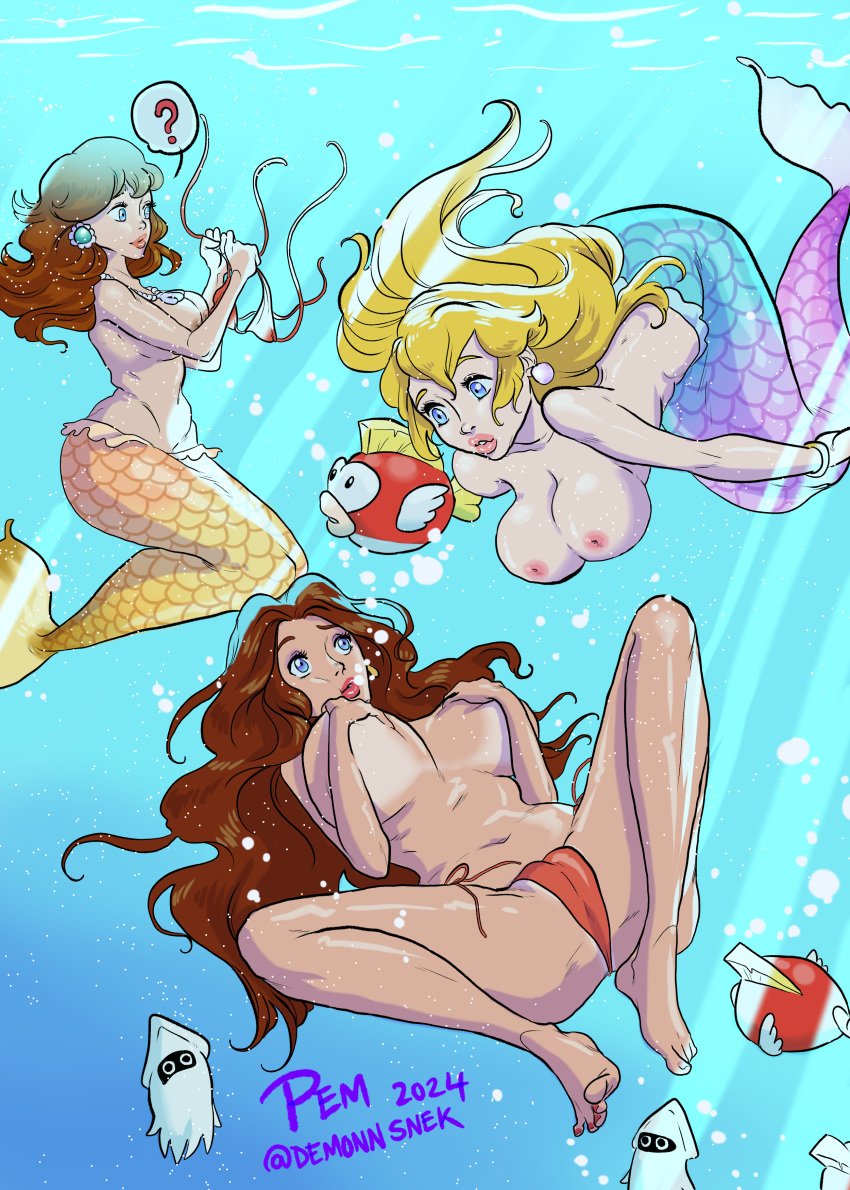 3girls bathing_suit big_ass big_breasts big_lips big_thighs bikini bikini_bottom bikini_top blonde_female blonde_hair blooper blue_eyes brown_hair brown_nipples bubbles cheep_cheep demonnsnek feet feet_up holding_breasts holding_breath hourglass_figure inverted_nipples mario_(series) mermaid mermaid_costume mermaid_girl mermaid_peach mermaid_tail ocean painted_toenails pale-skinned_female pale_skin pauline pauline_(mario) pearl_necklace pink_nipples princess_daisy princess_peach princess_peach:_showtime! shirtless small_nipples spread_legs stolen_bikini stolen_clothes stolen_swimsuit swimming tan tan-skinned_female tan_body tan_skin tanline toenail_polish toes topless underwater video_game video_game_character video_game_franchise video_games