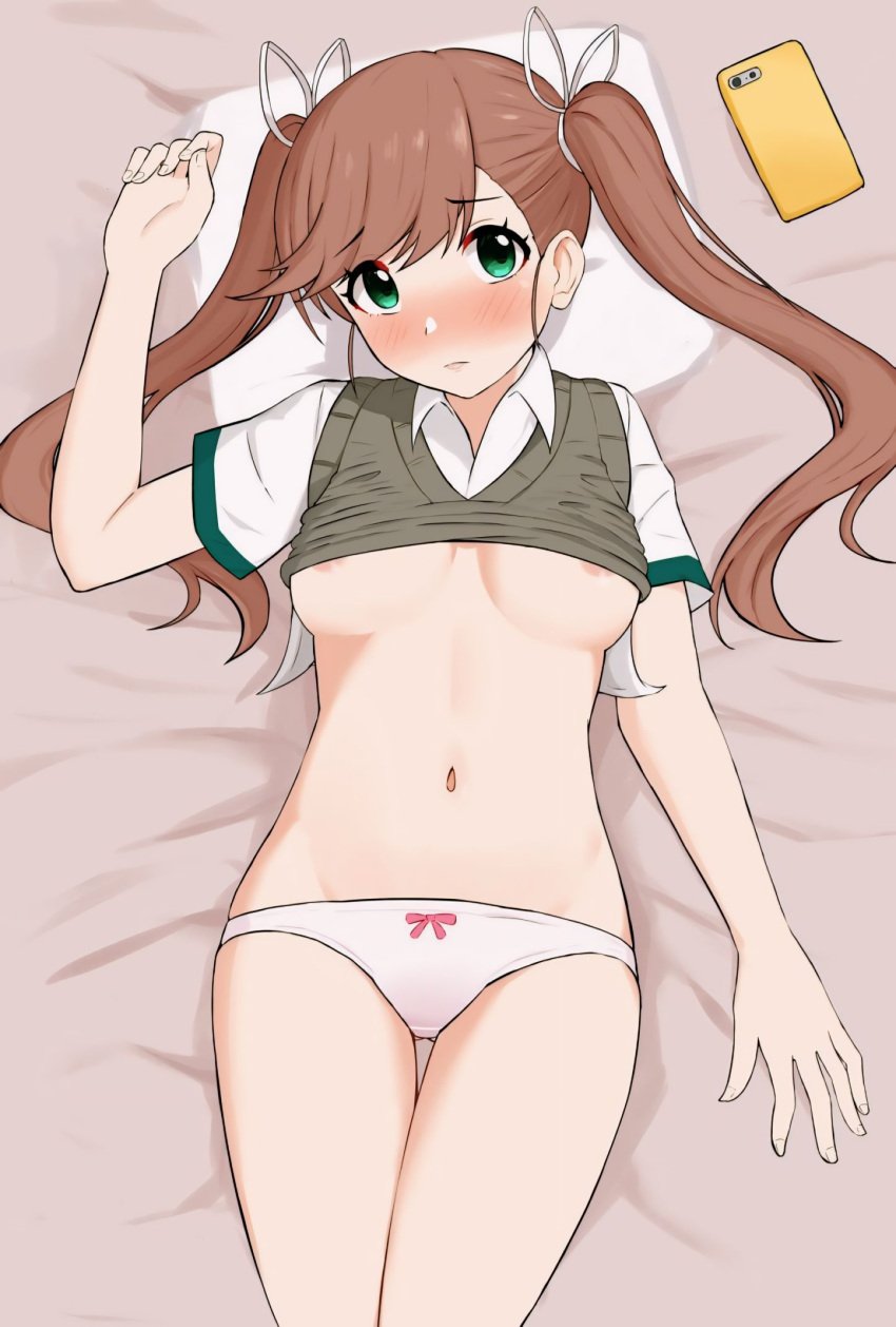 1girls bed bedroom before_sex belly_button blush blushing_at_viewer blushing_female breasts breasts_out breasts_visible_through_clothing breasts_visible_through_shirt brown_hair brown_hair_female cellphone closed_legs closed_mouth cute cute_expression cute_eyes cute_face cute_girl eyes_open female female_only girl_only green_eyes green_eyes_female high_school_student horny horny_female legs legs_closed long_hair long_hair_female looking_at_viewer mouth_closed nanase_(under_night_in-birth) nichijounko nipples_visible_through_clothing no_skirt on_bed only_female only_girl open_eyes panties pillow pink_nipples school_girl school_uniform schoolgirl schoolgirl_clothes schoolgirl_uniform seductive_body seifuku shirt shirt_up small_boobs small_breasts small_tits student student_life teen_girl tie_panties tied_hair twintails under_night_in-birth under_night_in-birth_2_sys:celes under_night_in-birth_exe:late[st] upscaled wanting_sex white_panties white_pillow young young_female young_girl young_woman