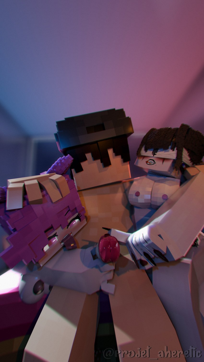 1boy 2girls 3d completely_nude completely_nude_female mine-imator minecraft mizuki_(mymizukid) naked pink_ears pink_eyes pink_hair sex tagme