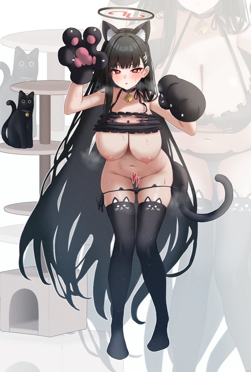 animal_ears black_cat black_hair black_thighhighs blue_archive breasts_out cat_cutout cat_ears cat_lingerie cat_tail cat_thighighs cat_tree censored exposed_breasts feline female_focus halo hanging_breasts heart_censor heavy_breathing large_breasts leaning_forward long_hair looking_at_viewer mijikayo panty_pull paw_gloves paw_pose red_eyes rio_(blue_archive) shirt_lift straight_hair sweatdrop very_long_hair