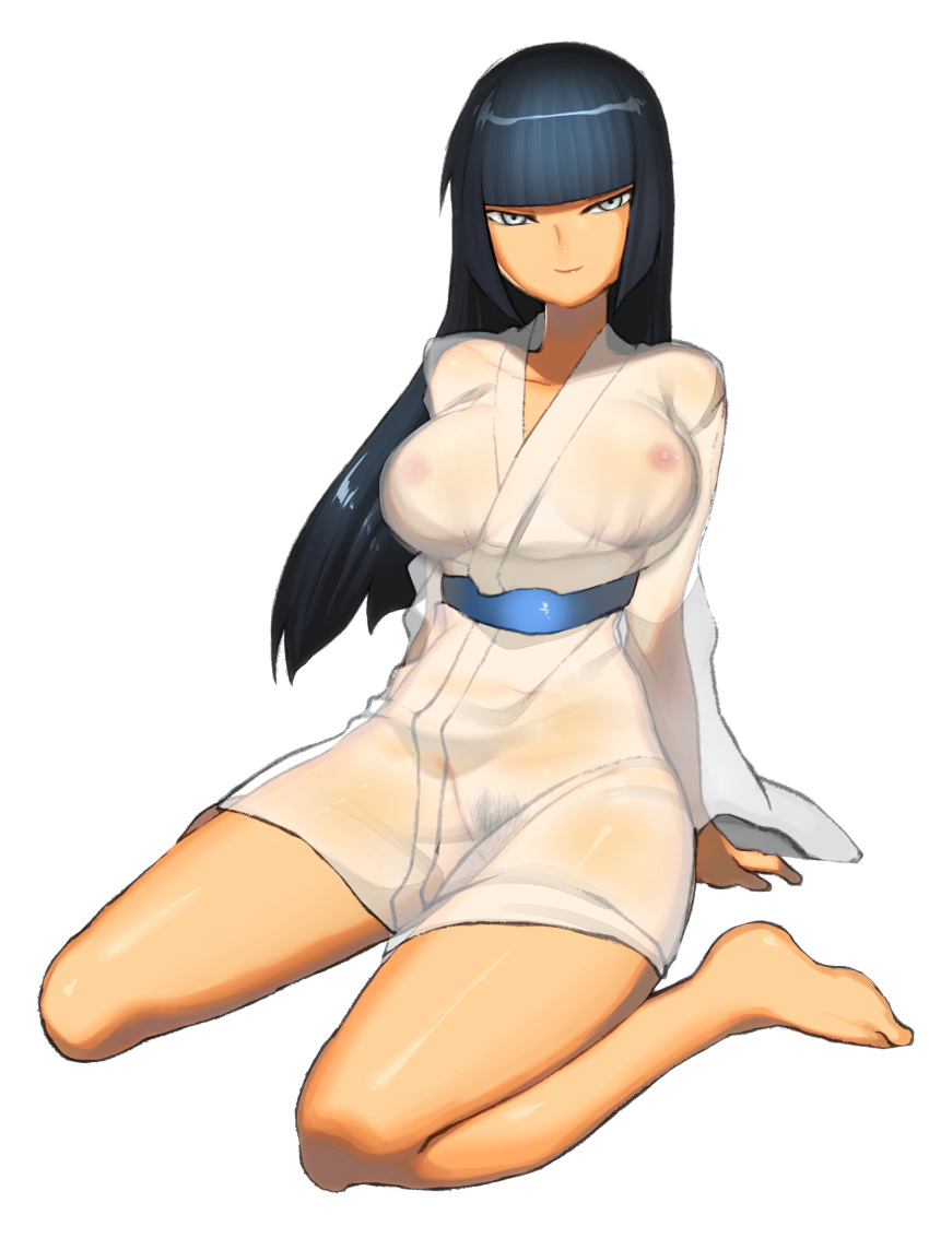 barefoot black_hair blue_eyes breasts female hi_res high_resolution highres hime_cut japanese_clothes kimono kinu-numa_no_hataorihime large_breasts manga_nippon_mukashi_banashi nipples no_panties pubic_hair sash see-through sheer sitting smile solo wadani_hitonori wariza