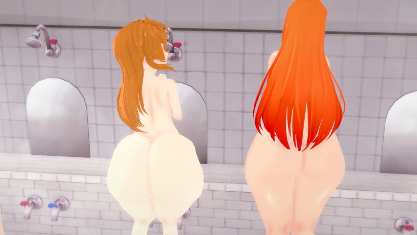 2girls ass back_view bath bathing big_ass big_butt brown_hair bubble_butt danganronpa danganronpa_another dat_ass dumptruck_ass fanganronpa group_bathing huge_ass hugeassfan inori_kanata koikatsu looking_at_another mekaru_rei multiple_females multiple_girls oiled_skin orange_hair shiny_skin shower smooth_skin steam thick_thighs