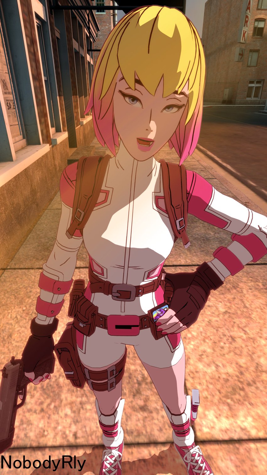 1girls 3d belt clothing female firearm footwear gwen_poole gwenpool handgun handwear human looking_at_viewer marvel marvel_comics nobodyrly_(artist) pale_skin pov sfm tagme weapon