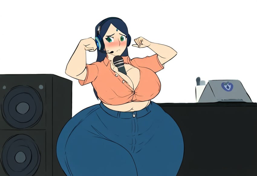 ai_generated anon anonymous_female bbw bbw_mom child_bearing_hips desk dumptruck_ass gigantic_ass headset huge_brehuge microphone nervous nervous. office_lady tsunade_(cosplay) wide_hips