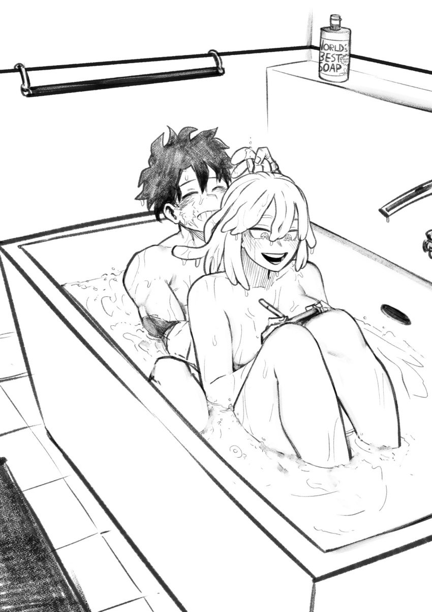 1boy 1girls amano44 bath bathing bathroom bathtub black_and_white couple couple_(romantic) cute eyes_closed izuku_midoriya mei_hatsume my_hero_academia nudity romantic romantic_couple scar scars sketch smiling straight wholesome