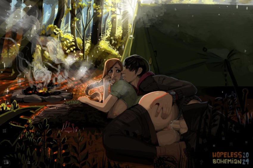 1boy anal anal_sex big_ass big_breasts camp_buddy campfire camping camping_tent fat_ass female hopelessbohemian large_ass large_breasts outdoors pants_down pants_pulled_down ponytail public public_sex red_hair