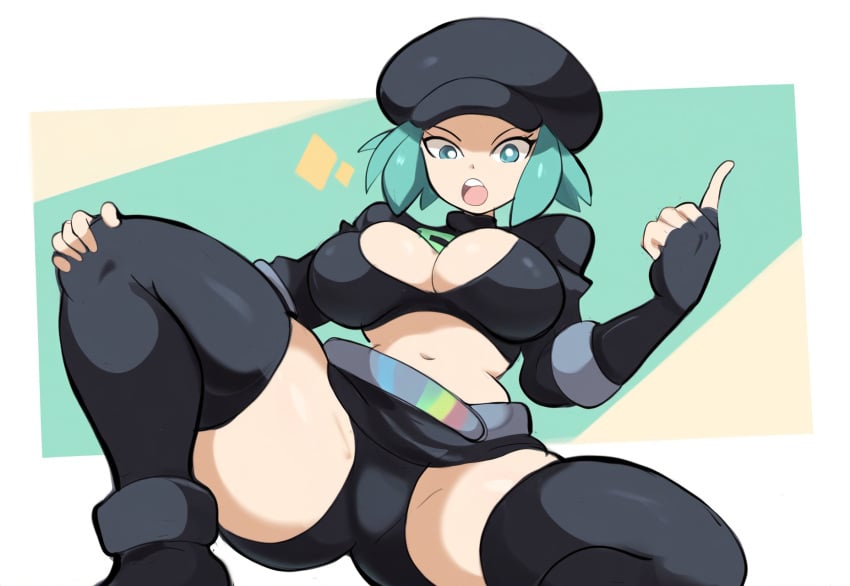 1boy ai_generated female green_hair large_breasts mullon novelai pokemon pokemon_sm pov solo team_rainbow_rocket team_rainbow_rocket_grunt team_rainbow_rocket_grunt_(female) team_rocket thick_thighs wide_hips