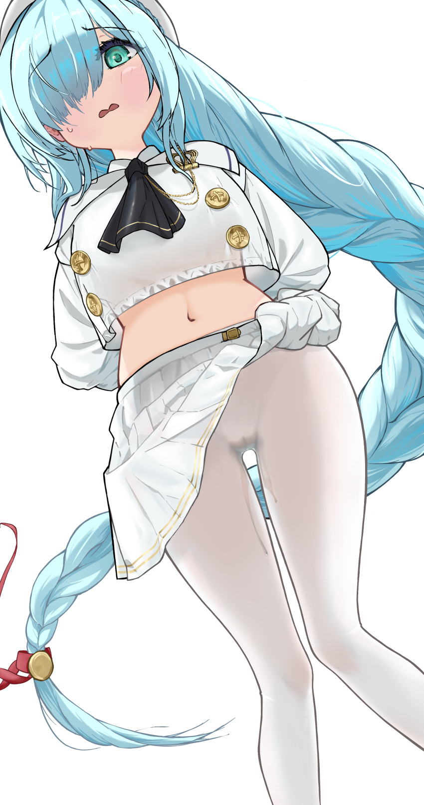 absurdres aqua_eyes arms_behind_back ascot azur_lane black_ascot blue_hair blush buttons cameltoe crop_top female from_below hair_over_one_eye highres hurria janus_(azur_lane) janus_(fear_of_changing...clothes)_(azur_lane) long_braid long_hair looking_at_viewer midriff navel official_alternate_costume panties pantyhose pleated_skirt pussy_juice pussy_juice_drip_through_clothes pussy_juice_trail school_uniform shirt simple_background skirt solo stomach sweatdrop underwear very_long_hair white_background white_panties white_pantyhose white_shirt