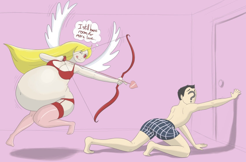 anonymous_male blonde_hair cupid's_arrow garter_belt large_breasts pyxxyl valentine's_day vore vore_belly wings