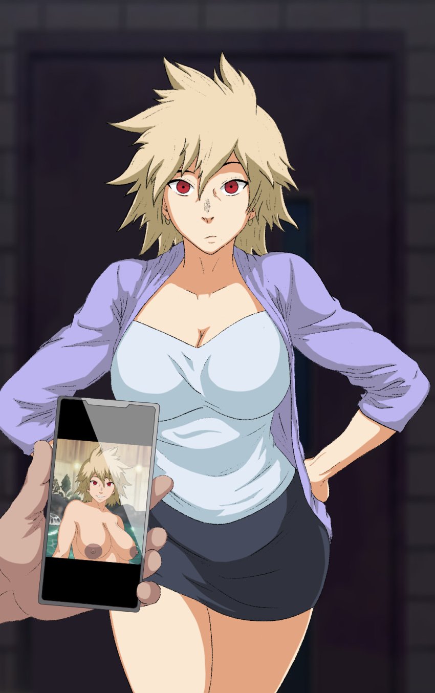 big_breasts blonde_hair boku_no_hero_academia cellphone hanging_breasts mature_female milf mitsuki_bakugou mother my_hero_academia n0tnat netorare picture_frame