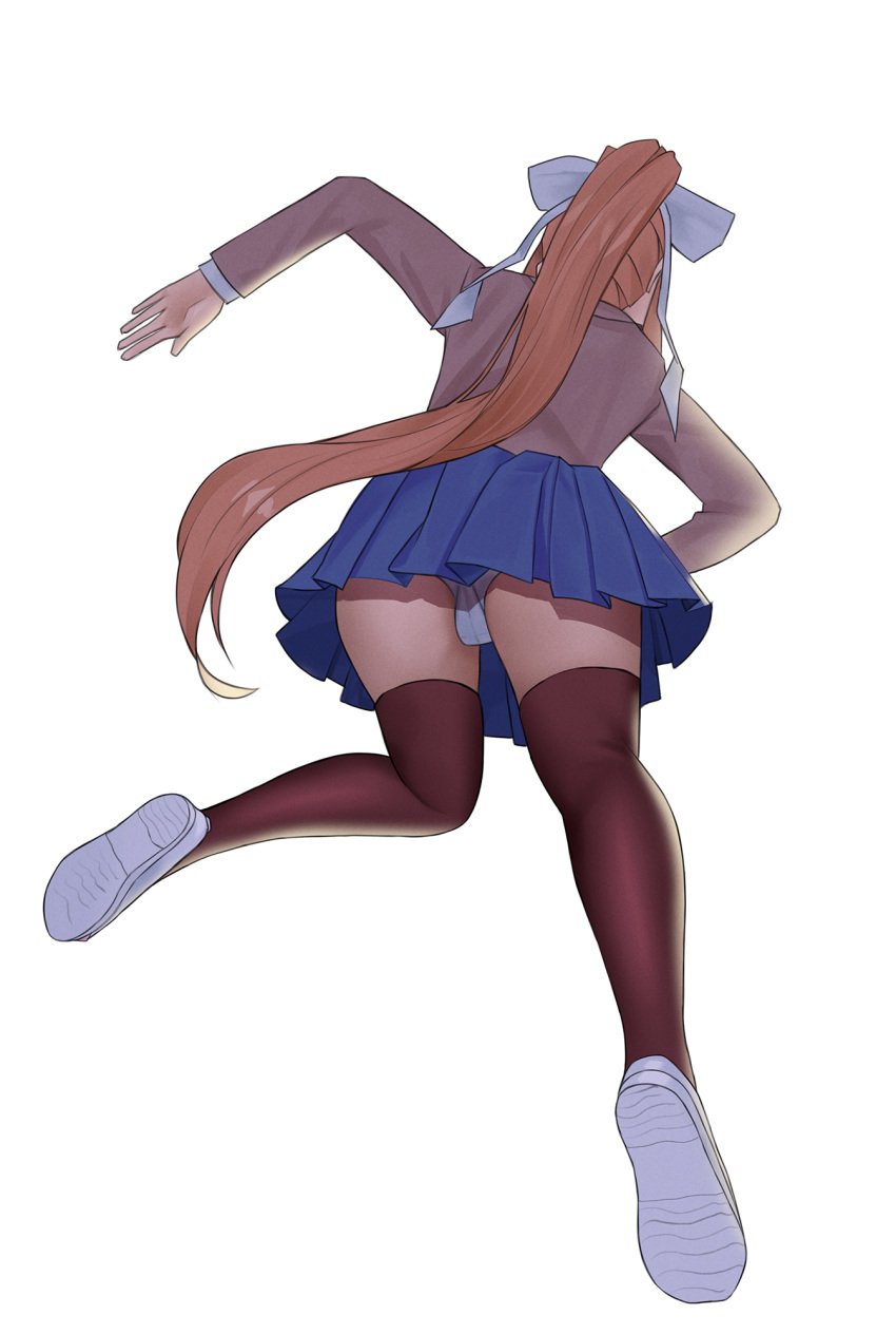 1female 1girls aris4rt blue_skirt doki_doki_literature_club low-angle_view monika_(doki_doki_literature_club) panties pantyshot skirt upskirt white_bow