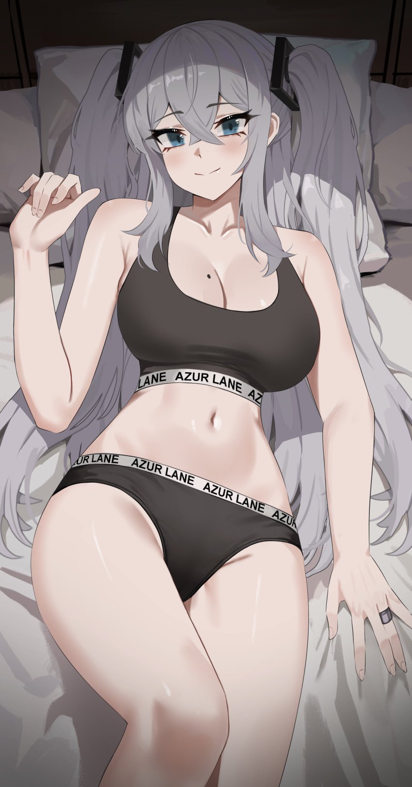 azur_lane bangs bare_shoulders bed black_bra black_panties blue_eyes blush calvin_klein cleavage commission cowboy_shot female grey_hair hair_ornament intrepid_(azur_lane) large_breasts long_hair looking_at_viewer lying_on_back lying_on_bed midriff mole_on_breast nvl pillow sidelocks smile smiling_at_viewer stomach thighs two_side_up wedding_ring