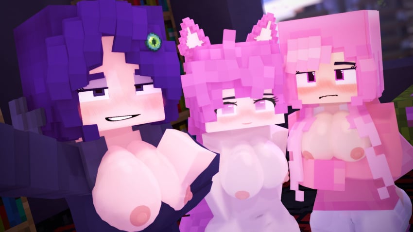 3d 3girls mine-imator minecraft mizuki_(mymizukid) naked pink_ears pink_eyes pink_hair sex tagme