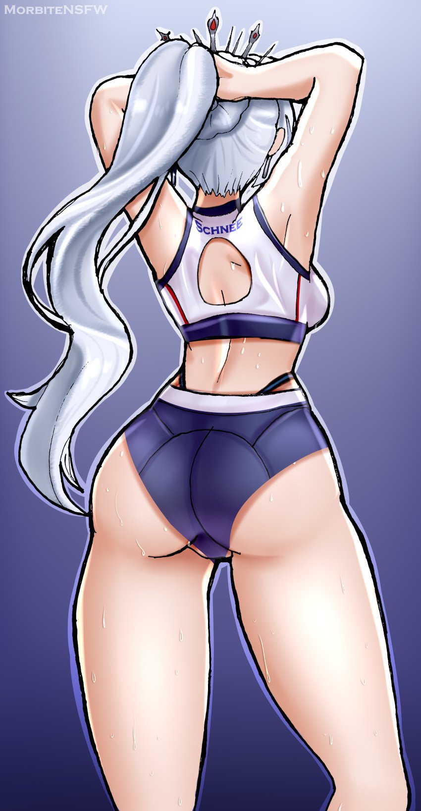 1girls adjusting_hair alternate_version_available ass back back_view backboob bare_legs big_ass blue_shorts bottomwear female female_only hair headwear huge_ass legs morbite ponytail rwby shorts solo solo_female sports_bra sports_uniform sportswear sweat sweatdrop thighs thong topwear weiss_schnee white_hair