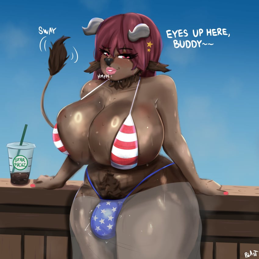 1girls american_flag_bikini anthro big_penis bikini bikini_bottom bikini_top blastnsfw bovine breasts breasts_bigger_than_head bulge bulge_through_clothing bull clothing cock cowgirl dick dickgirl furry furry_breasts furry_female furry_only futa_only futanari goat_horns huge_breasts huge_cock large_breasts large_penis lips monster monster_girl my_eyes_are_up_here oc penis red_eyes red_hair smell solo_anthro solo_female sweat sweaty_body thick thick_legs thick_lips thick_thighs thighs twitching twitching_penis voluptuous voluptuous_female voluptuous_futanari wide_hips