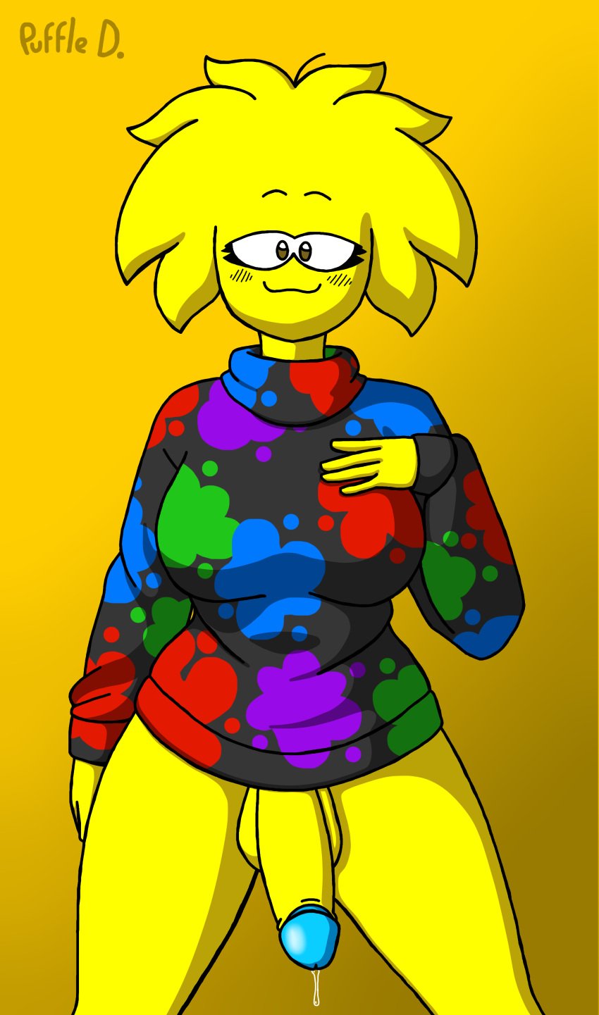 1futa :3 balls big_penis bottomless breasts clothed clothing club_penguin flaccid furry futa_only futanari humanoid humanoidized looking_back low_quality md5_mismatch partially_clothed penis puffle puffledreemurr solo standing sweater yellow_fur