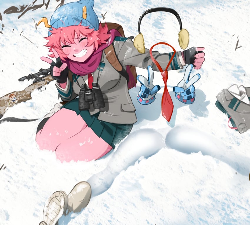 2girls ashido_mina backpack beanie boku_no_hero_academia boots comedic double_peace_sign ear_muffs female_focus female_only functionally_nude functionally_nude_female gloves gun hagakure_tooru hagakure_tooru_(invisible) horns hunting invisible invisible_girl khyleri looking_at_viewer mina_ashido my_hero_academia naked naked_female naked_outside necktie no_bra no_panties no_penetration no_sex no_underwear nude nude_female nude_outside peace_sign pink_hair pink_skin public public_nudity scarf school_uniform skirt smile smiling smiling_at_viewer snow snow_print spread_legs sticker streaking taking_picture thick_thighs tie wide_smile