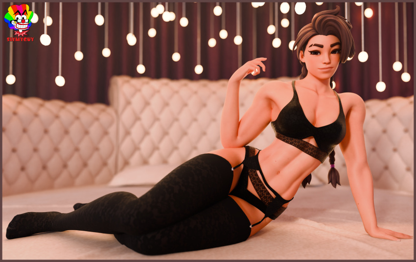 black_panties cinder_(fortnite) fortnite lingerie muscular muscular_female panties pinup slymyguy solo_female tagme thighhighs underwear