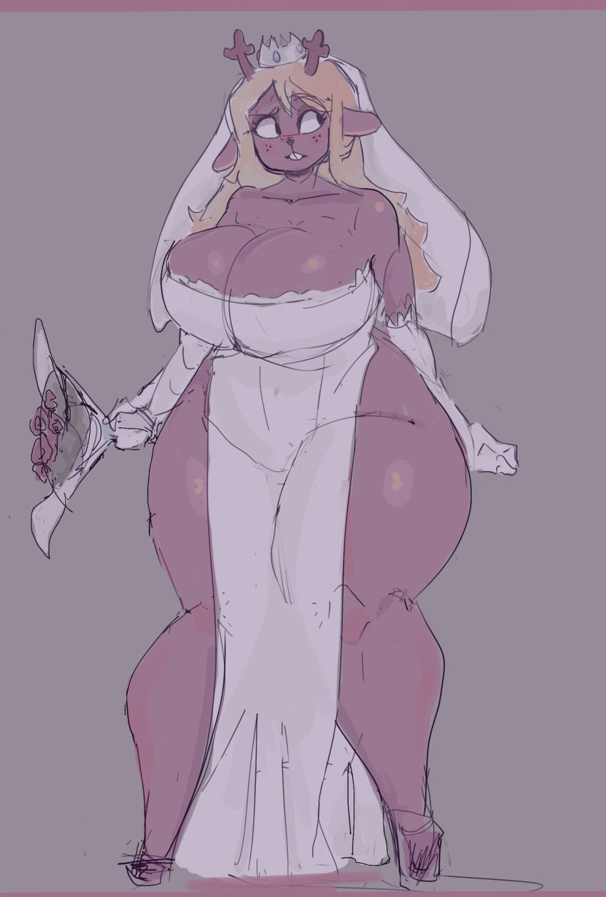 1girls antlers ass big_ass big_breasts big_thighs breasts bridal_veil cleavage confused_expression confused_look deer deer_girl deltarune female female_focus female_only gikowinko koco_gi looking_at_another noelle_holiday revealing_clothes thick_thighs thighs wedding_dress wedding_veil