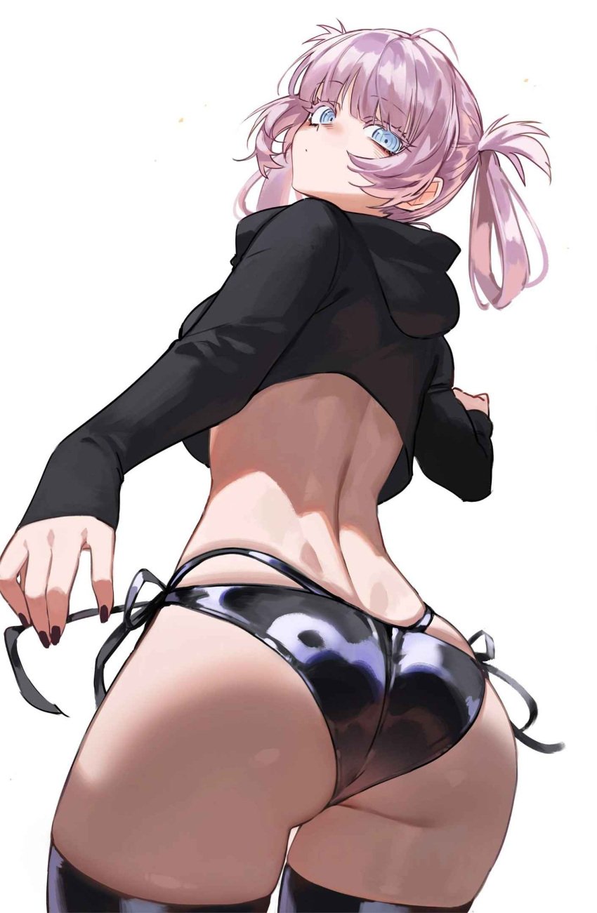 1girls ass ass_focus black_nails blue_eyes call_of_the_night dat_ass female foolish_potato looking_at_viewer nail_polish nanakusa_nazuna painted_nails panties pink_hair tagme thighhighs yofukashi_no_uta