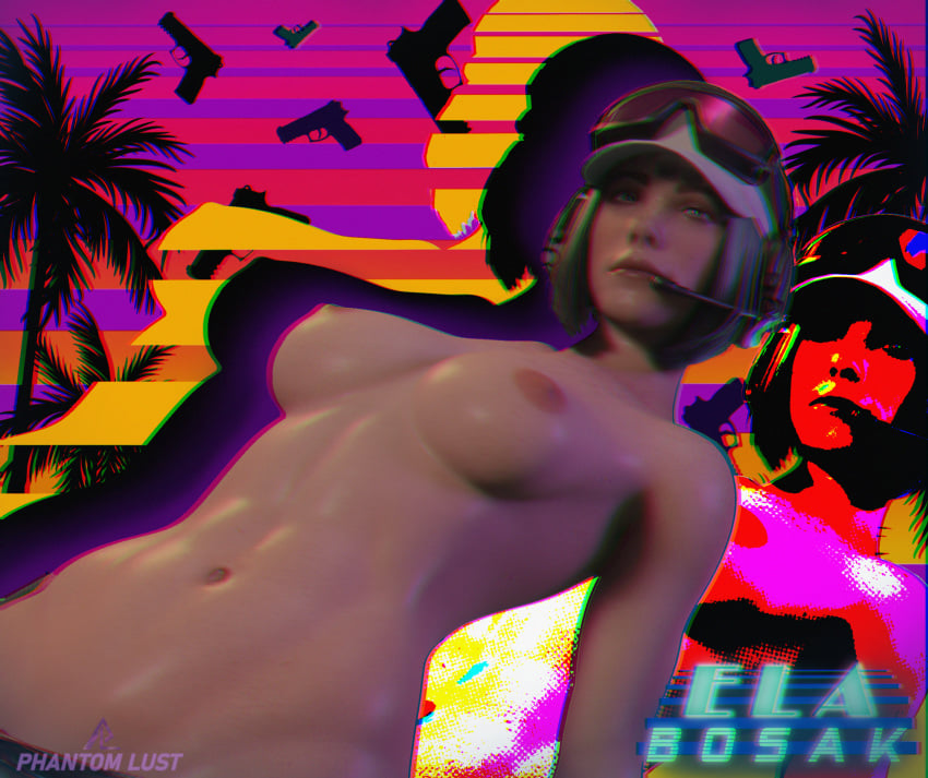 athletic_female bob_cut breasts ela_(rainbow_six) ela_bosak goggles green_hair head_set palm_tree phantomlust polish rainbow_six_siege retro_artstyle vaporwave