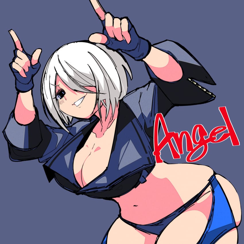 1girls angel_(kof) bending_forward big_breasts blue_eyes female jacket king_of_fighters light_skin short_hair smile thick_thighs thong white_hair white_skin yaki_usagi