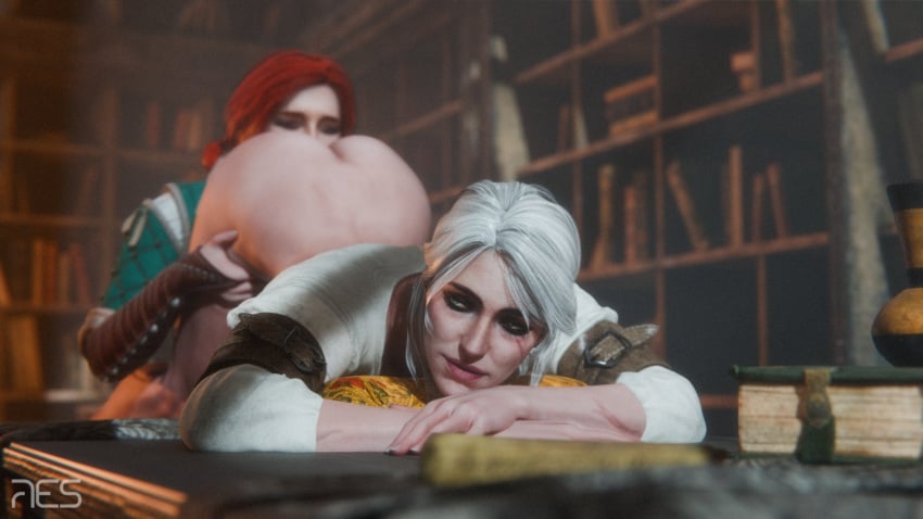 2girls ass ass_up ciri eating_ass female freckles green_eyes light-skinned_female mascara red_hair scar the_witcher_(series) the_witcher_3:_wild_hunt triss_merigold white_hair witcherres yuri