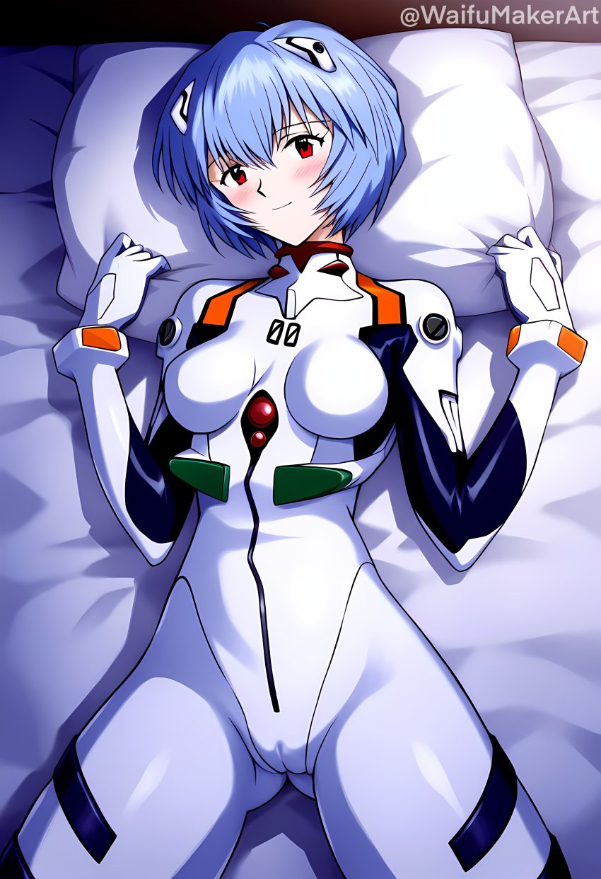 1girls ai_generated bed bedroom blue_hair cameltoe eye_contact female female female_only grabbing_sheets hi_res high_resolution highres looking_at_viewer medium_breasts neon_genesis_evangelion pillow plugsuit red_eyes rei_ayanami smile waifumakerart