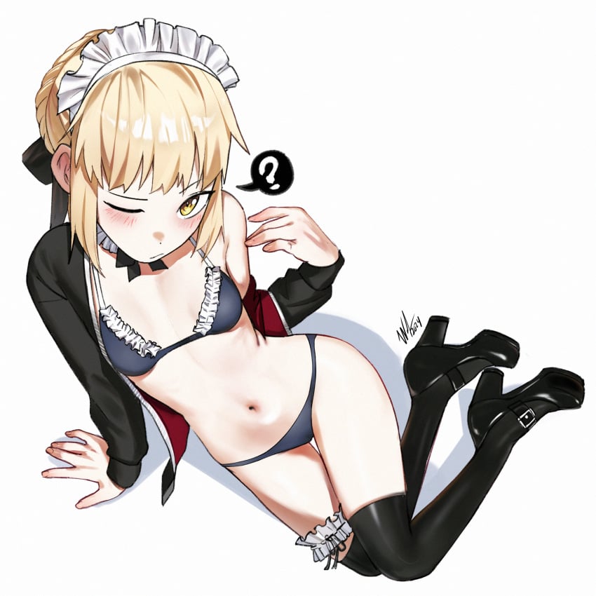 ? abdomen artoria_pendragon artoria_pendragon_(alter) artoria_pendragon_(fate) back belly belly_button bikini blonde_female blonde_hair blush fate/grand_order fate/stay_night fate/zero fate_(series) female female_only maid maid_bikini maid_headdress navel one_eye_closed petite petite_body petite_breasts petite_female saber skinny skinny_girl small_breasts smaller_female thighhighs waligner