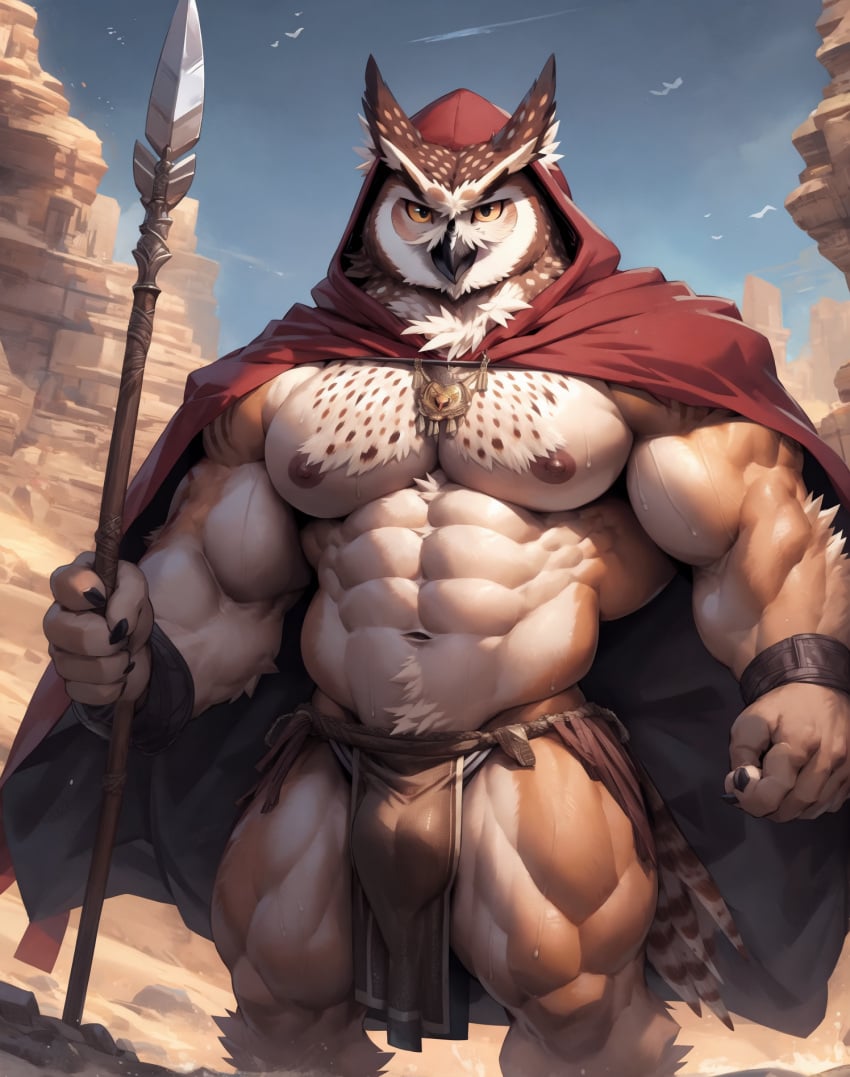 ai_generated cloak desert kuranoidss laincloth looking_at_viewer male muscular muscular_male nipples owl sky solo spear standing sweat weapon