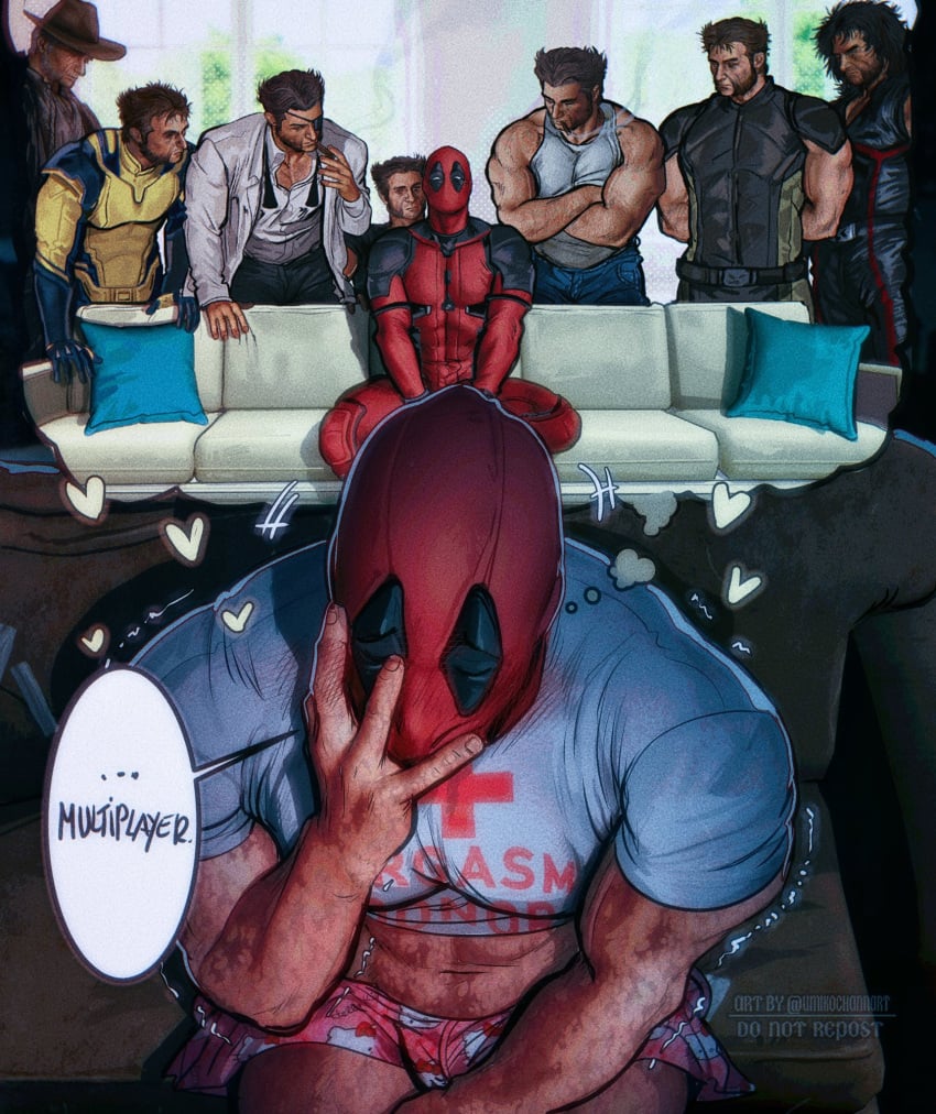 abs bara crop_top deadpool deadpool_&_wolverine_(2024) gay hand_on_face imagining james_howlett male male_focus male_only marvel marvel_cinematic_universe marvel_comics mask masked masked_male meme muscles muscular muscular_male piper_perri_surrounded tight_clothing umikochannart wade_wilson wolverine_(x-men) x-men