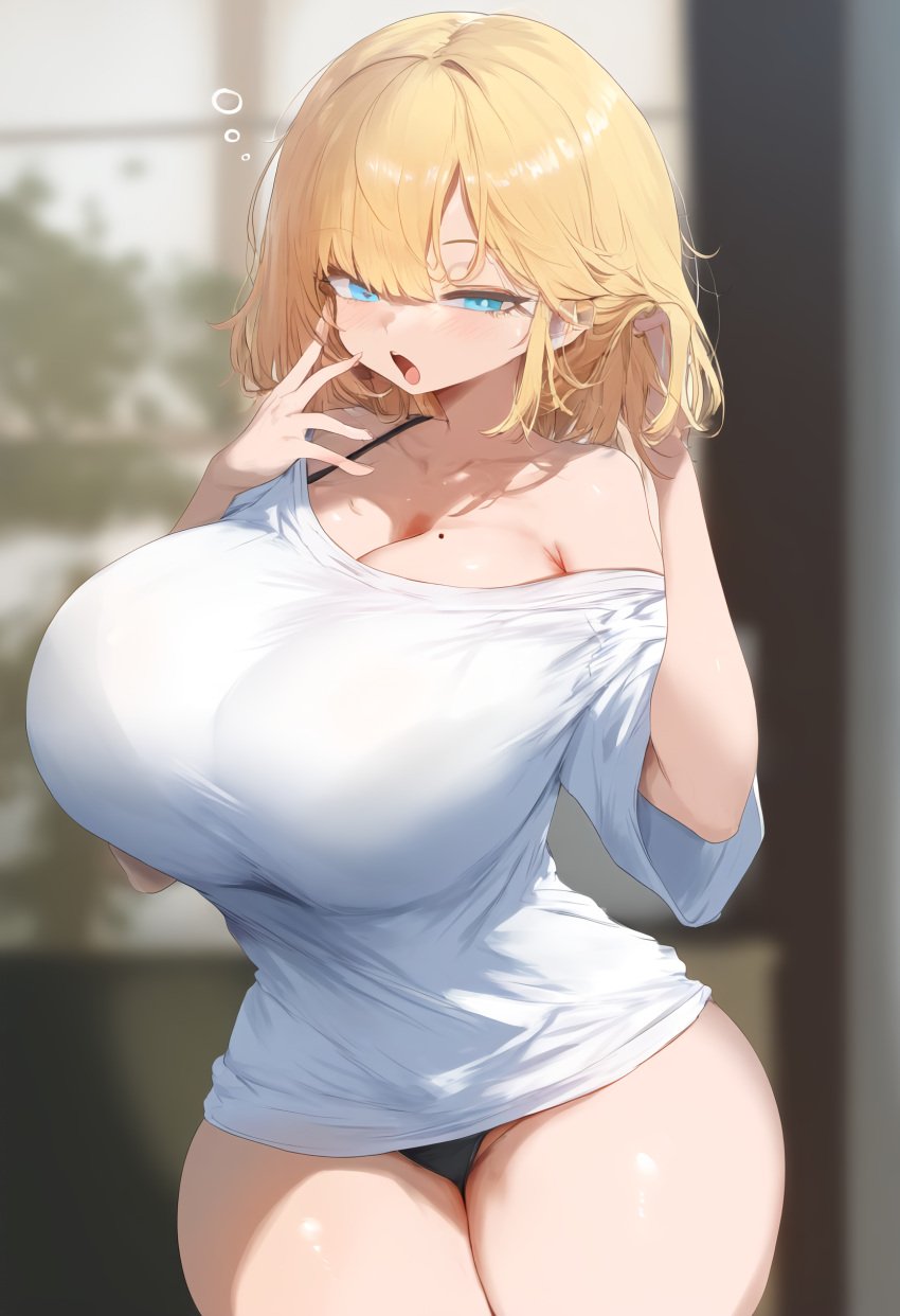 ai_generated ameanon big_breasts black_bra black_panties blonde_hair blue_eyes bra bra_strap breasts cleavage hololive hololive_english hololive_myth huge_breasts large_breasts mole_on_breast mommy off_shoulde panties sleepy t-shirt thick_thighs virtual_youtuber vtuber watson_amelia yawn