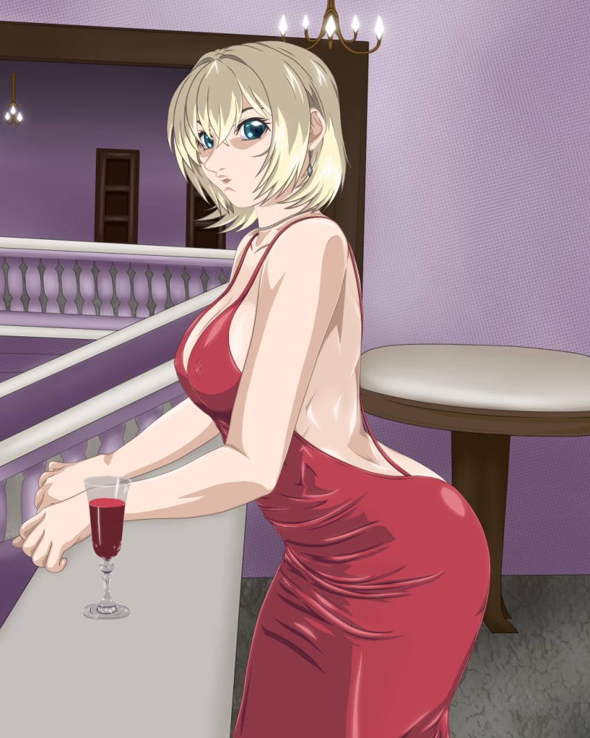 1girls 2d 2d_(artwork) areola_bulge backless_dress bible_black big_breasts blonde_female blonde_hair blonde_hair_female breasts cup curvy_figure earrings first_person_view green_eyes hips jody_crowley large_breasts looking_at_viewer necklace night party red_dress shin_bible_black short_hair teal_eyes voluptuous_female wine wine_glass witch