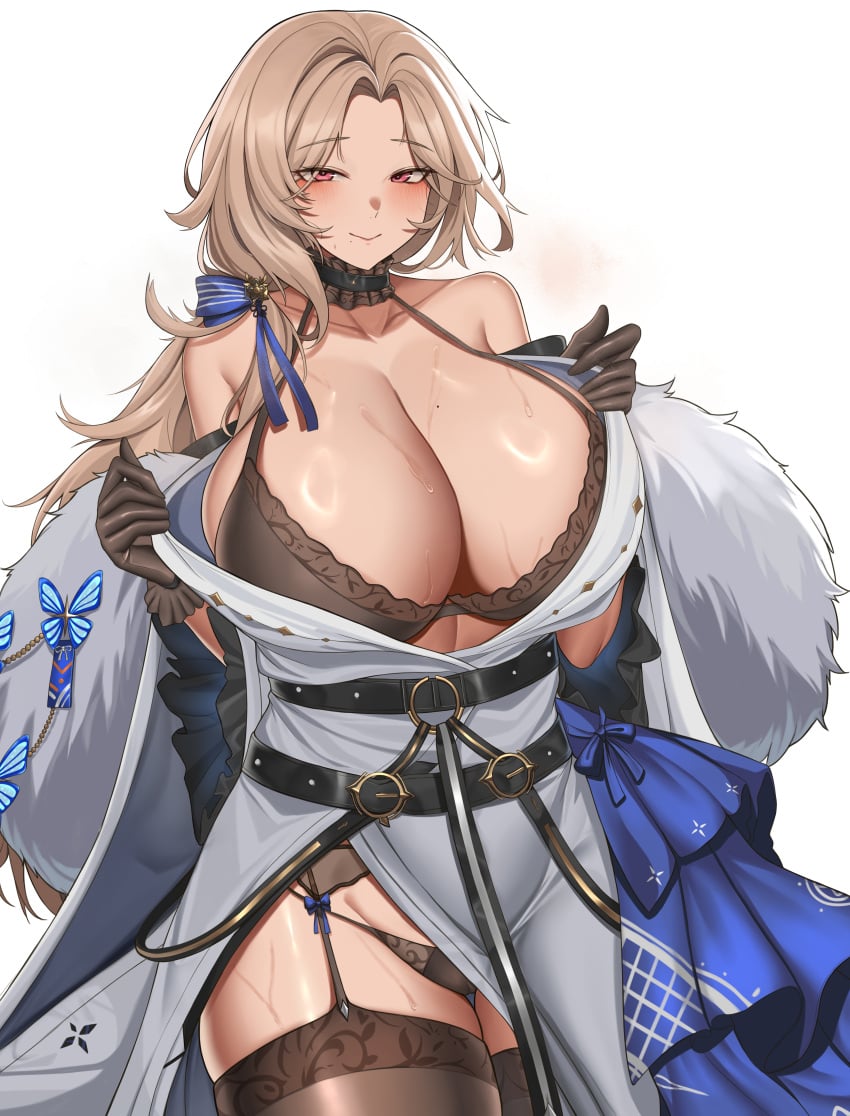 1girls absurd_res black_bra black_gloves black_panties black_thighhighs blush bow bra breasts butterfly choker cleavage collarbone cowboy_shot dress fur_collar fur_trim garter_straps goddess_of_victory:_nikke hair_ornament huge_breasts long_hair looking_at_viewer ludmilla_(nikke) ludmilla_(winter_owner)_(nikke) off_shoulder official_alternate_costume panties purple_eyes simple_background smile solo solo_female sweat thighhighs underwear white_background white_dress yijie_xianyu