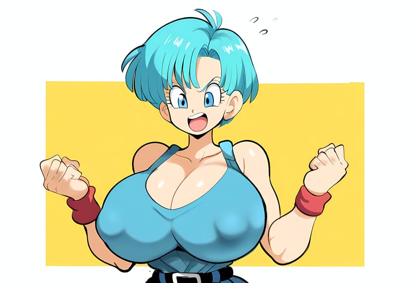 ai_generated angry big_breasts blue_hair bulma_briefs covered_nipples dragon_ball dragon_ball_super dragon_ball_z huge_breasts mullon novelai solo tank_top top_heavy