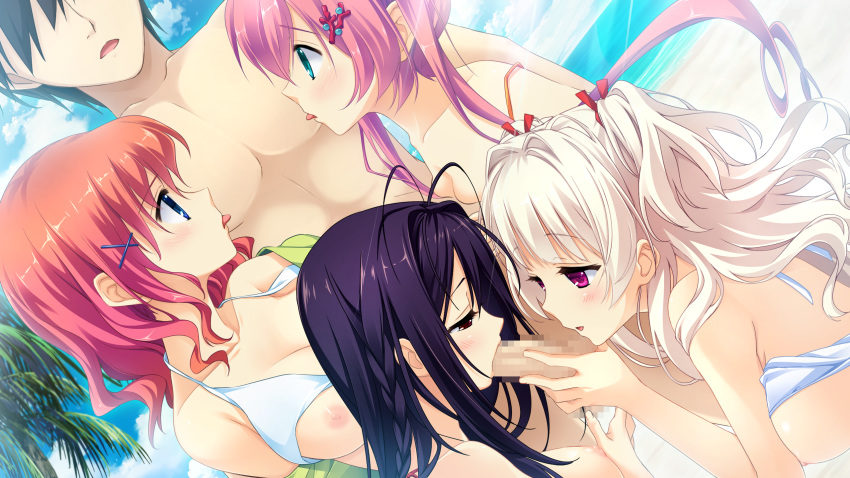 4girls areolae beach bikini black_hair blonde_hair blue_eyes blush breasts censored clouds collaborative_fellatio fellatio game_cg green_eyes hairclip harem hi_res high_resolution highres koisuru_natsu_no_last_resort large_breasts licking licking_pecs long_hair marui multiple_girls nipples ocean oral penis pink_eyes pink_hair purple_eyes purple_hair red_hair short_hair sky smile standing teamwork tied_hair tongue twintails water