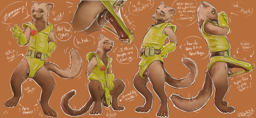 animal_genitalia animal_penis anthro balls belt big_balls big_penis bodily_fluids bodysuit bottomless brown_body brown_fur bulge clothed clothing crouching dialogue domestic_ferret dripping english_text equine_genitalia equine_penis facial_markings feet flannel foot_on_balls fur genital_fluids genitals gloves handwear head_markings hi_res male mammal markings mask_(marking) masturbation mismatched_animal_penis mismatched_genitalia mismatched_penis mustelid musteline penile penile_masturbation penis precum precum_drip sheath sidekick skinsuit small_but_hung solo speech_bubble superhero_costume tenting text tight_clothing topwear true_musteline utility_belt weasel