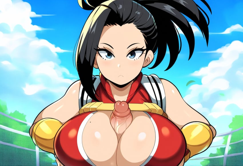 1boy 1girls ai_generated blue_eyes boobjob city female large_breasts momo_yaoyorozu mullon my_hero_academia novelai paizuri penis pov straight superheroine