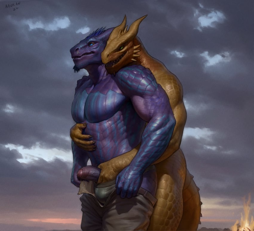 aduran anthro biceps bottomwear clothing cloud dragonborn_(dnd) dungeons_and_dragons duo erection foreskin genitals glans hasbro hi_res horn humanoid_genitalia humanoid_penis male male/male muscular muscular_male outside pants pecs penis penis_grab reach_around scalie standing tail teeth torrin_(lesfleurs) underwear wizards_of_the_coast