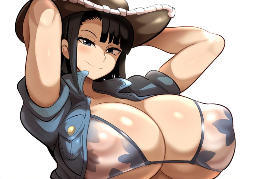 ai_generated big_breasts bikini bikini_top black_hair covered_nipples cowboy_hat female female_only huge_breasts large_breasts mullon nico_robin novelai one_piece top_heavy