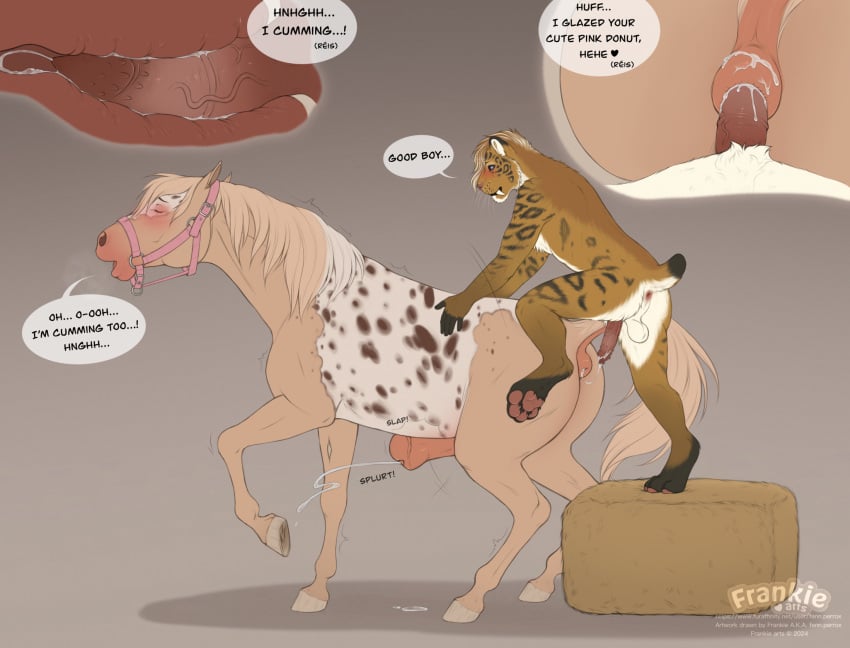 animal_genitalia animal_penis anthro anthro_on_feral anthro_penetrating anthro_penetrating_feral anus balls belly_slapping blonde_hair bodily_fluids bridle brown_body brown_fur cum cum_in_ass cum_inside cum_while_penetrated cumshot dialogue duo ejaculation english_text equid equine equine_genitalia equine_penis erection felid feline_genitalia feline_penis fenn.perrox feral feral_penetrated fur genital_fluids genitals hair hi_res horse internal internal_anal larger_feral larger_penetrated male male/male mammal masturbation penetration penile penile_masturbation penile_spines penis prehistoric_species puffy_anus reis_(serreis) saber-toothed_tiger sex short_tail size_difference small_dom_big_sub small_top_big_bottom smaller_anthro smilodon speech_bubble tail tan_body tan_fur text whiskers zoophilia