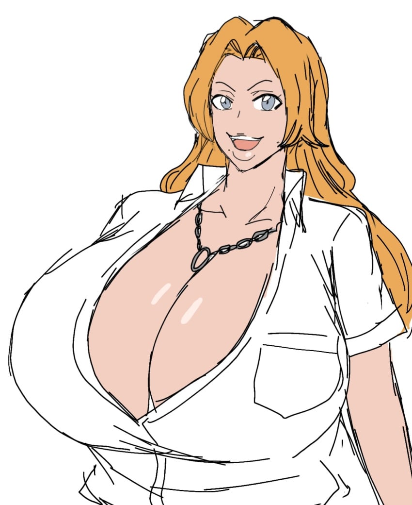 2d 2d_(artwork) beauty_mark bleach flat_colors full_lips happy large_breasts lips long_hair matsumoto_rangiku momiji_(artist) necklace orange_hair smiling smiling_at_viewer white_background