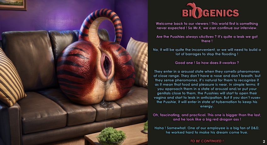 ai_assisted ai_generated aroused ass ass_focus big_pussy black_stripes concept couch creature critter description deviantart_username dragon_tail genetic_engineering hybrid hybrid_creation indoors interview kolexian labia labia_minora living_sex_toy lizard_tail original patreon_username pheromones pussy pussy_juice pussy_juice_drip pussy_juice_leaking pussy_juice_puddle pussy_juice_trail red_scales scaled_pussy science scientific_experiment signature story table text