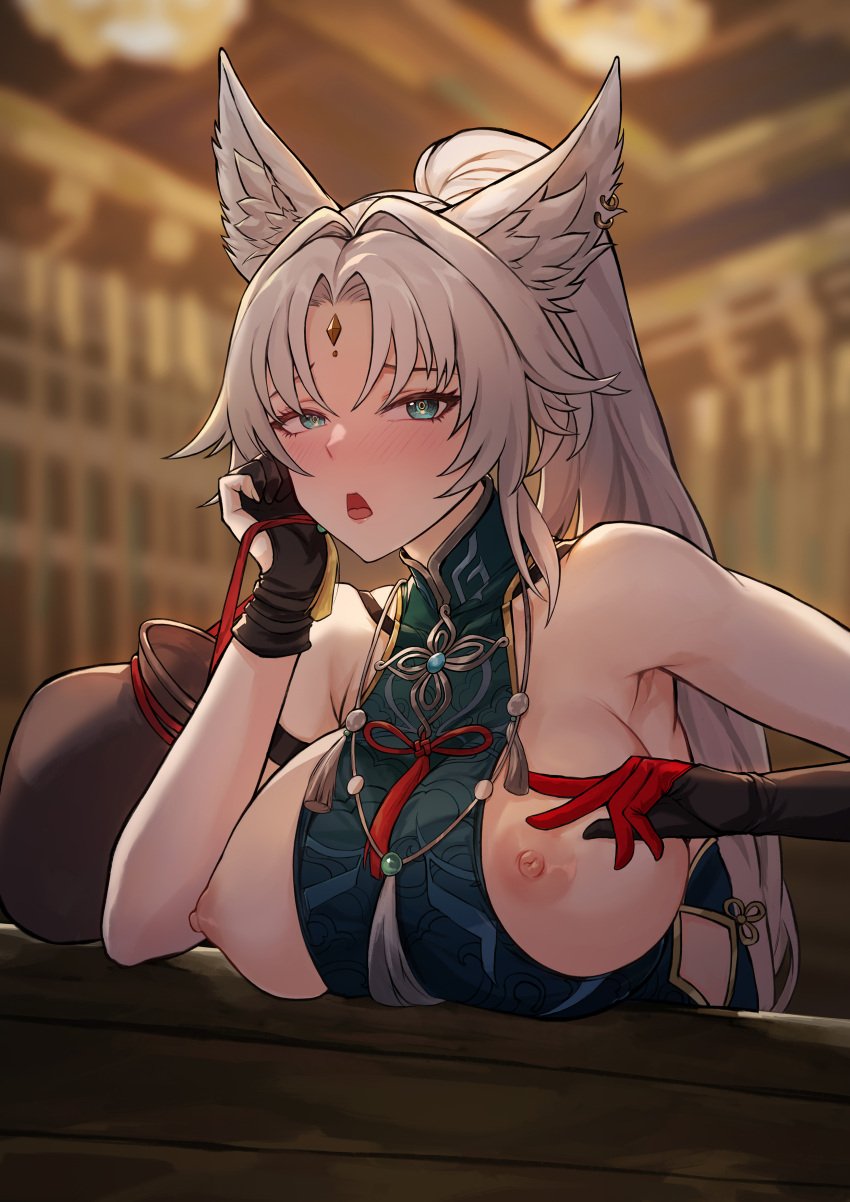 1girls animal_ears areolae bare_shoulders blue_eyes blush breasts breasts_out clothing clothing_aside drunk ear_piercing exposed exposed_breasts feixiao_(honkai:_star_rail) female female_only forehead_jewel fox_ears fox_girl frozenspiderlily gloves hi_res highres honkai:_star_rail honkai_(series) indoors jewel light-skinned_female light_skin looking_at_viewer mihoyo nipples open_mouth piercing ponytail solo solo_female white_hair