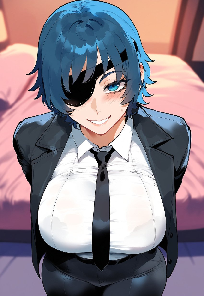 ai_generated blue_eyes blue_hair blush breasts chainsaw_man dark-skinned_male eyepatch female himeno_(chainsaw_man) huge_breasts juuicyai massive_ass massive_breasts necktie nipples sweat