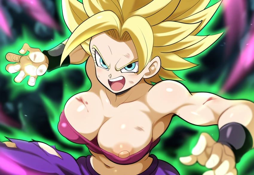 ai_generated alien big_breasts blonde_hair caulifla dragon_ball dragon_ball_super female large_breasts mullon nipples novelai saiyan saiyan_girl scratches solo super_saiyan torn_clothes