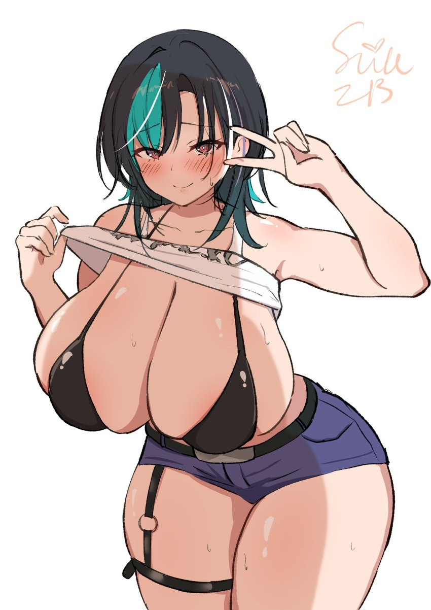 1girls female flashing_breasts flowglow hololive hololive_dev_is hololive_flow_glow huge_breasts pulling_up_shirt rindo_chihaya shorts solo suica_koubou sweat sweatdrop thick_thighs v virtual_youtuber wide_hips