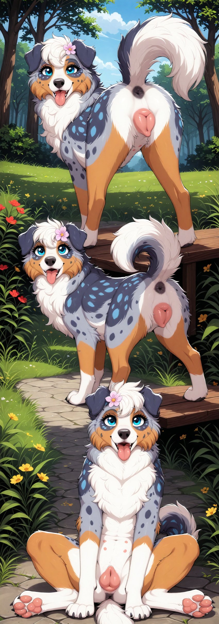 absurd_res accessory ai_generated animal_genitalia animal_pussy anus ass australian_shepherd belly big_eyes black_anus blp blue_body blue_eyes blue_fur blue_sky butt_from_the_front canid canine canine_pussy canis cheek_tuft chest_tuft cloud cobblestone cute_fangs day detailed detailed_background detailed_fur domestic_dog eyelashes facial_tuft female feral flower flower_in_hair fluffy forest fur genitals glistening glistening_eyes grass grey_body grey_fur group hair hair_accessory happy herding_dog hi_res light looking_at_viewer mammal multicolored_body multicolored_fur navel neck_tuft nipples open_mouth open_smile pastoral_dog perineum pink_nipples pink_pussy pink_tongue plant plump_labia pussy quadruped raised_tail sheepdog sitting sky smile spread_legs spreading standing sunlight tan_body tan_fur tongue tongue_out tree trio tuft white_belly white_body white_butt white_fur white_hair white_perineum wide_stance wood wood_furniture