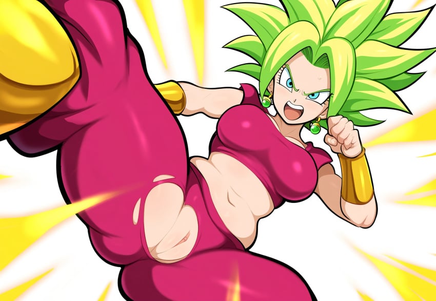 1girls 2d ai_generated big_breasts caulifla crop_top dragon_ball dragon_ball_super female female_only fusion fusion_character kale kefla kicking light-skinned_female light_skin looking_at_viewer mullon no_panties novelai pale-skinned_female pale_skin pussy pussy_attack saiyan simple_background solo super_saiyan universe_6/universe_7